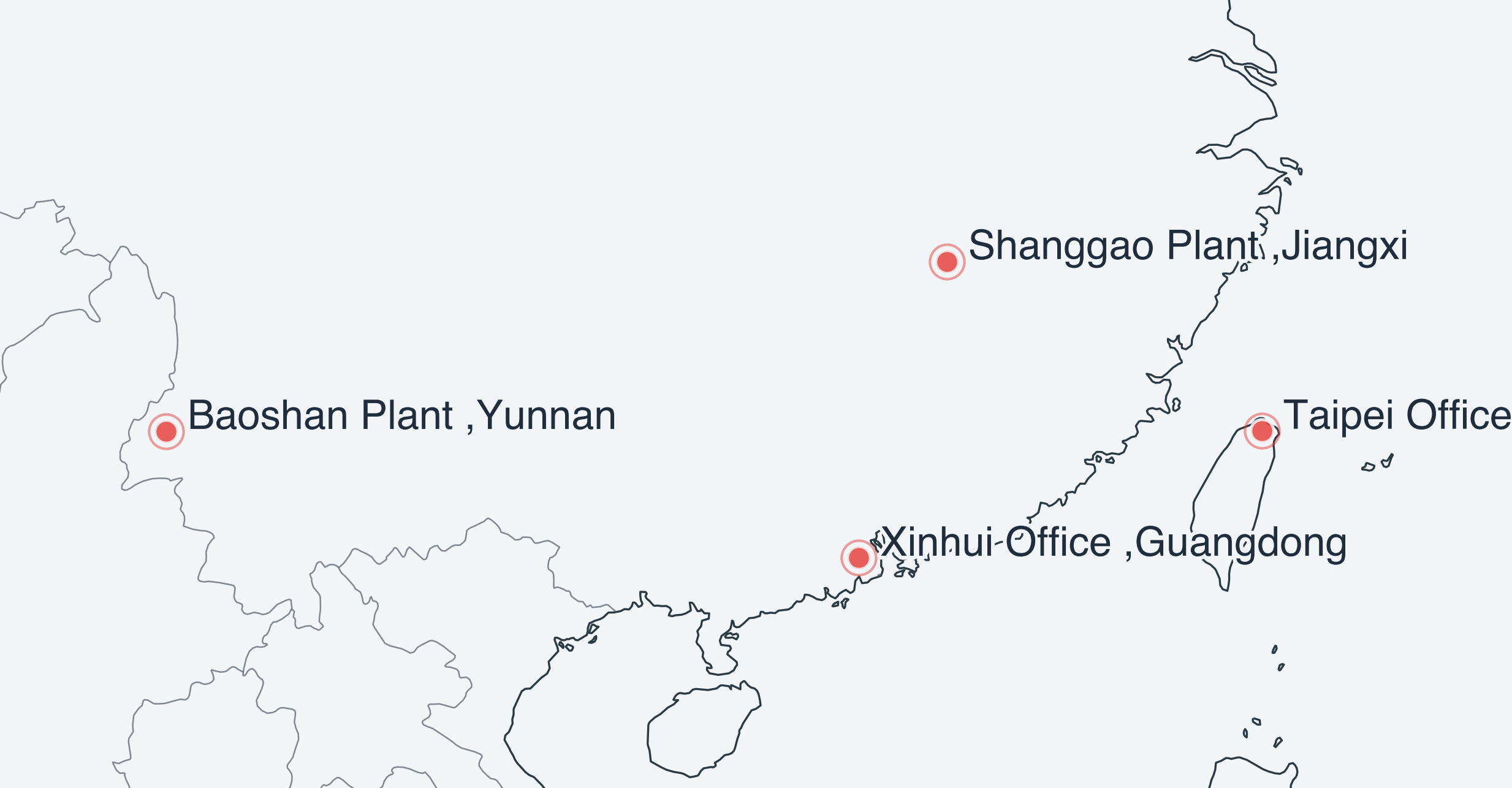 Manufacturing sites map showing Guangdong, Jiangxi, Yunnan plants and Taiwan headquarters (English)